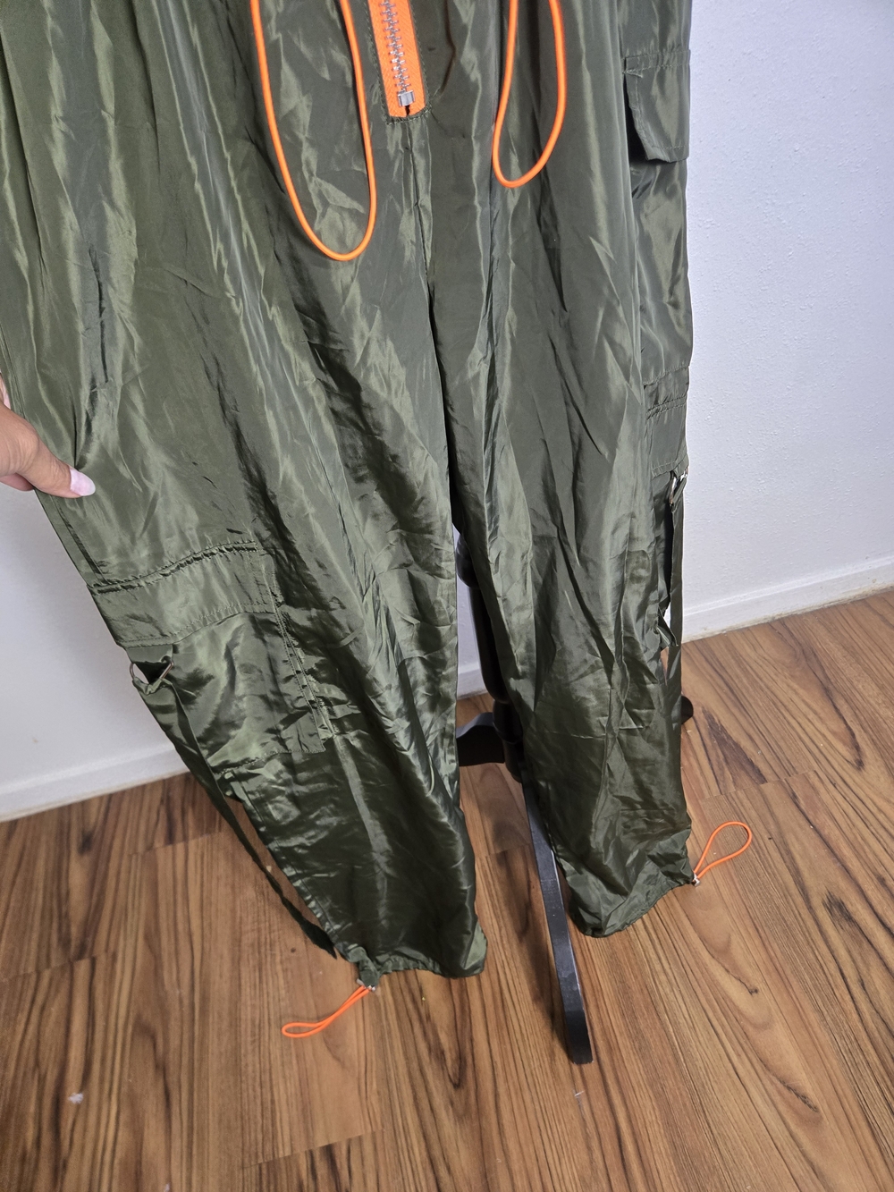 Olive Green Halter Jumpsuit with Neon Orange Trim Parachute Medium - Picture 2 of 5